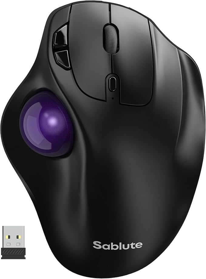 SABLUTE MAM2 Wireless Trackball Mouse with 5-Level DPI, Ergonomic Mouse 2.4G Plug-and-Play for 3 Devices (Bluetooth or USB), 500mAh Battery, Compatible with PC/Laptop/Mac/Windows-Purple Ball