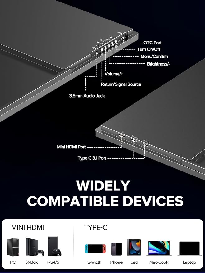 UPERFECT Portable Monitor, 24.5" 2K 165Hz 500Nits 0.1ms FreeSync HDR IPS Gaming Monitor with Stand VESA USB-C Mini HDMI, Large Second Screen for Laptop, Computer, Phone, Mini PC, Game Consoles