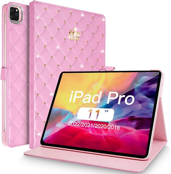Changjia for iPad Pro 11 inch Case, Cute Crown Bling Diamond PU Leather Smart Auto Sleep/Wake Stand Shockproof Cover for iPad Pro 11 Inch (Pink)
