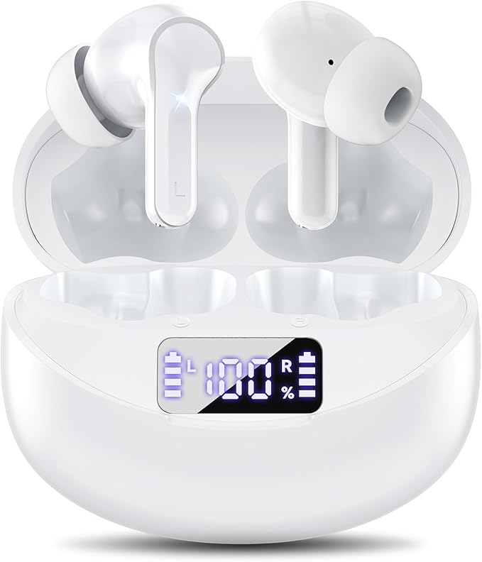 Wireless Earbuds, Bluetooth 5.4 HiFi Stereo Headphones with Noise Cancelling Mic, 50H Playback in Ear Buds with LED Digital Display, IPX7 Waterproof Earphones for Office/Running/Workout White
