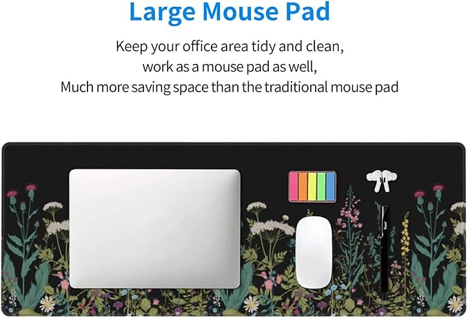 Weeds Flowers Large Gaming Mouse Pad Desk Mat, Cute Funny Gifts Big Keyboard Pad with Stitched Edges for Laptop, XL Long Extended Full Non-Slip Base Mousepad for Women Office Decor Black 31.5*11.8 In