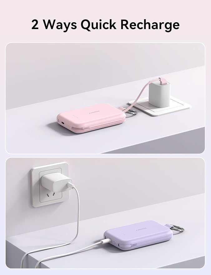 RORRY CharmGo Portable Charger, 10000mAh PD 30W Fast Charging Portable Charger Power Bank with Built-in Cables, Travel Keychain Charger Battery Pack for iPhone 17/16/15, for AirPods 2/3/4/Pro, Purple