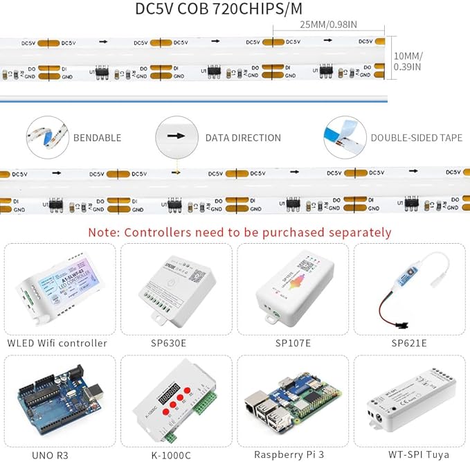 DC5V Smart WS2811 IC RGB COB LED Strip 16.4FT/5M, 720LED/m 40IC/M 10mm Width High Density Uniform Chasing Color Light DC5V White PCB Flexible Tape Light(No Adapter or Controller)