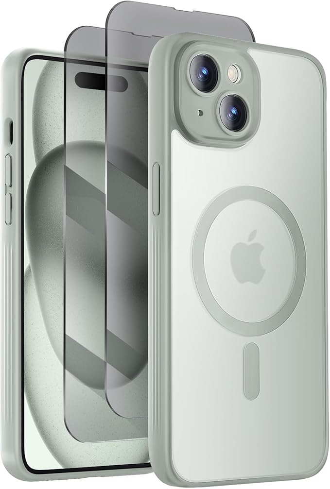 Symcele Designed for iPhone 15 Case, Compatible with MagSafe, with Privacy Screen Protectors X2, [Camera Protection] [15FT Military Drop Protection] Shockproof Phone Case, 6.1", Calke Green