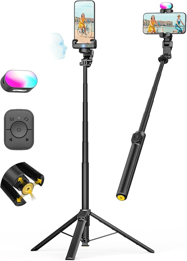 AOCHUAN 70.9” Auto-Open 4-in-1 Smartphone Gimbal Stabilizer for iPhone w/Magnetic Remote,AI Face Tracking Phone Stabilizer(No App Needed), 360°Rotating Gimbal w/RGB Light &Built-in Tripod, M3Pro Black