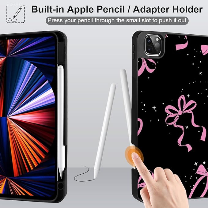 DONGKE Case for 2022/2021/2020/2018 iPad Pro 11 inch Gen 4/3/2/1 - Slim Protective Case - Built in Pencil Holder Support Charging - Trifold Stand & Sleep/Wake Cover - Bows & Stars