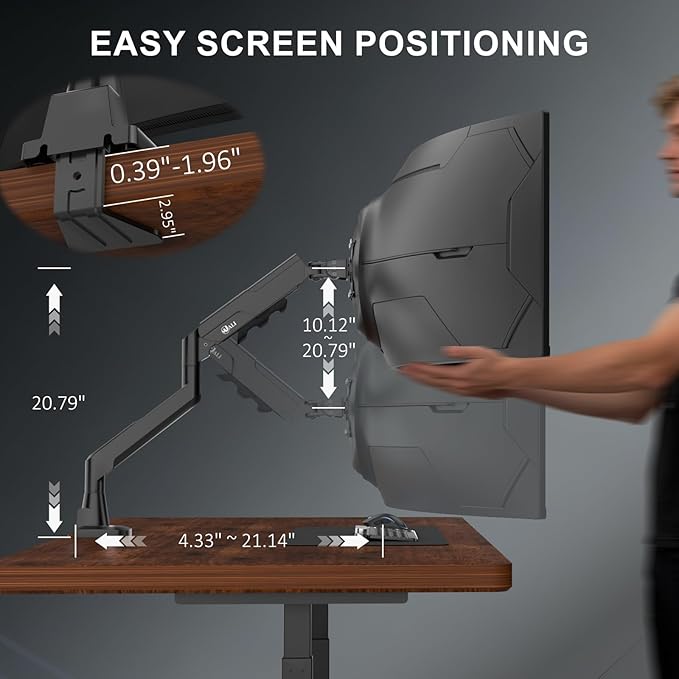 WALI Heavy Duty Single Monitor Arm for 17-49 Inch Flat Curved Ultrawide Screens, up to 33 Lbs, Adjustable Single Monitor Desk Mount for Home Office Gaming, VESA 75/100mm (GSM001XLN), Black