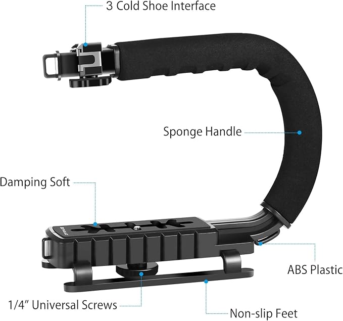 PULUZ Video Action Handheld Stabilizer, U/C Shape Video Action Stabilizing Handle Grip with Cold-Shoe Mount for All Camera Action Camera Camcorder and Smartphones