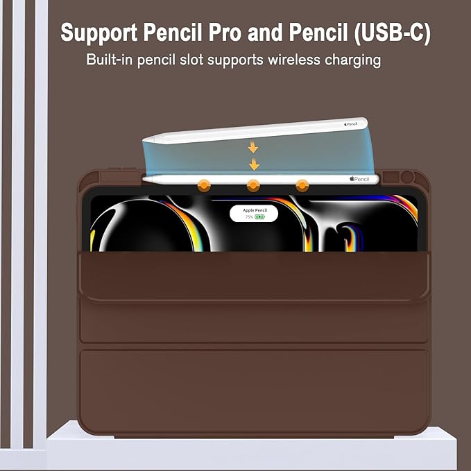 ZryXal New iPad Pro 13 Inch Case (M5) 2025 / (M4) 2024 with Pencil Holder, Smart iPad Case [Support Pencil Pro and Pencil (USB-C)], Support Touch ID and Auto Wake/Sleep (New Chocolate)