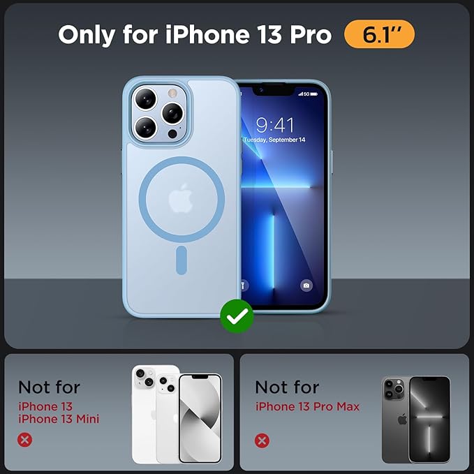 Miracase Magnetic for iPhone 13 Pro Case 6.1 inch (Compatible with MagSafe)（with 2X Screen Protectors） Military-Grade Protection, Anti-Fingerprint Translucent Matte Phone Case Cover, Light Blue
