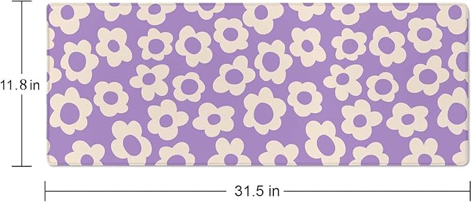 Gaming Large Mouse Pad with Stitched Edges, Vintage Groovy Flowers Purple Desk Mat, Extended Keyboard Pad, Non-Slip Rubber Base Desk Pad for Keyboard and Mouse, 31.5X11.8 inch