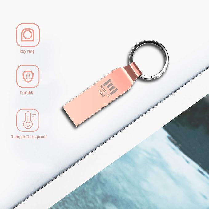 MOSDART Waterproof 32GB USB2.0 Flash Drive, FAT32 Metal Memory Stick with Keychain, for System Back, Data Storage, Rose Gold(Pack of 2)