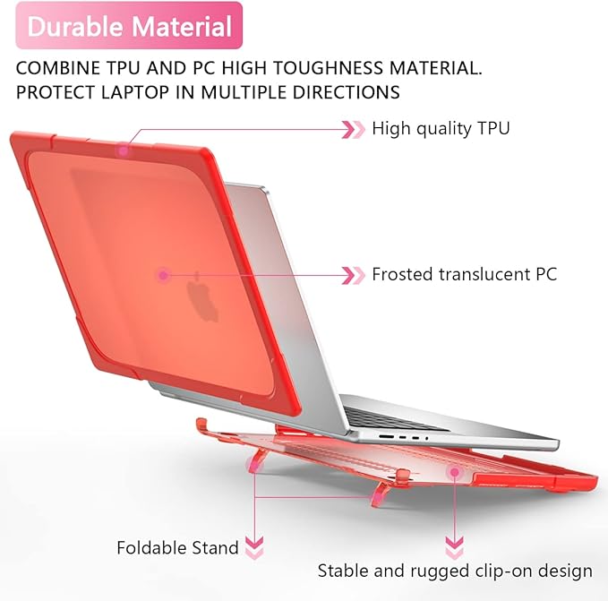 Batianda Heavy Duty Case for New MacBook Pro 14 Inch 2026 2025 M5 M4 M3 M2 Pro/Max Chip- Ergonomic Foldable Kickstand (Holds 22lbs/Zero Wobble) Matte Translucent Rugged Armor Cover, Red