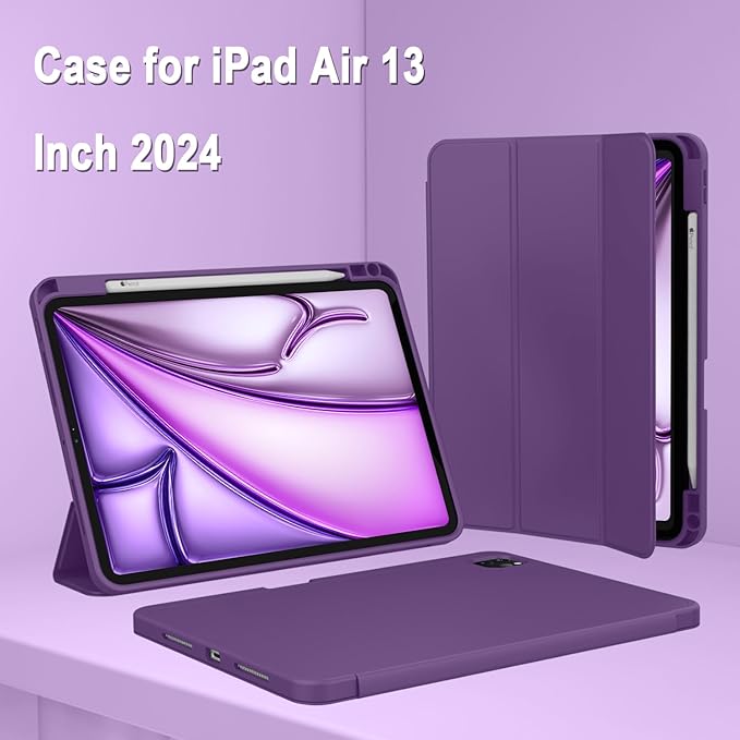 ZryXal New iPad Air 13 Inch Case M3 2025/M2 2024 with Pencil Holder, Trifold Stand Smart Case with Soft TPU Back,Auto Wake/Sleep(Dark Purple)