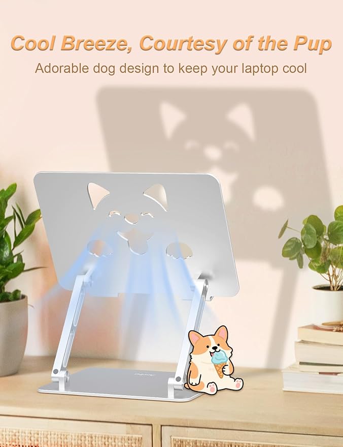 Aoviho Laptop Stand for Desk-Adjustable, Foldable, Portable, Ergonomic Aluminum Notebook Riser with Unique Puppy Cooling Vent, Desk Gift for 10"-17.3" Devices Mac, Dell, HP, Lenovo, Samsung, Silver