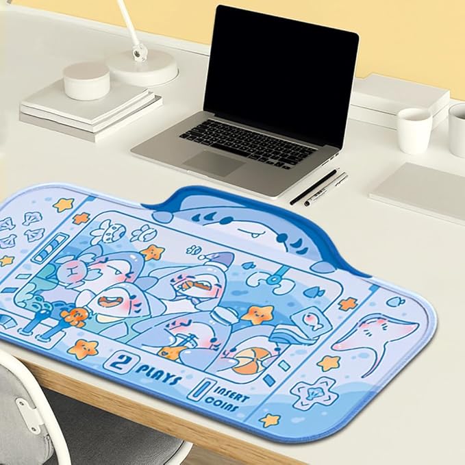 PERFECTSIGHT Cute Shark Party Desk Mat Kawaii Desk Pad, Switch Large Gaming Mouse Pad, Funny Crane Machine Deskmat Mousepad, Anime Blotter Protector Laptop Keyboard Pad for Women Kids Girls Boys