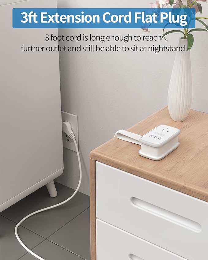 Travel Power Strip with USB 2 Pack, NTONPOWER 2 Widely Outlets 3 USB with 3Ft Short Extension Cord Flat Plug, Small Portable Desktop Charging Station for Cruise Ship Home Office Accessories, White