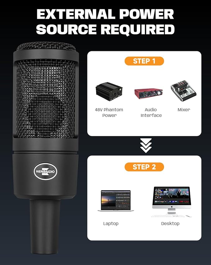 XLR Condenser Microphone with 26mm Large Diaphragm, Professional Cardioid Recording Studio Mic Kit with Metal Desktop Stand, Pop Filter for Streaming, Podcasting, Gaming, Voice-Over, Vocal, Youtube