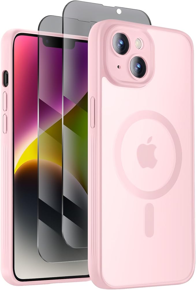 Symcele Designed for iPhone 14 Case, Compatible with MagSafe, with Privacy Screen Protectors X2, [Camera Protection] [15FT Military Drop Protection] Shockproof Phone Case, 6.1", Pink
