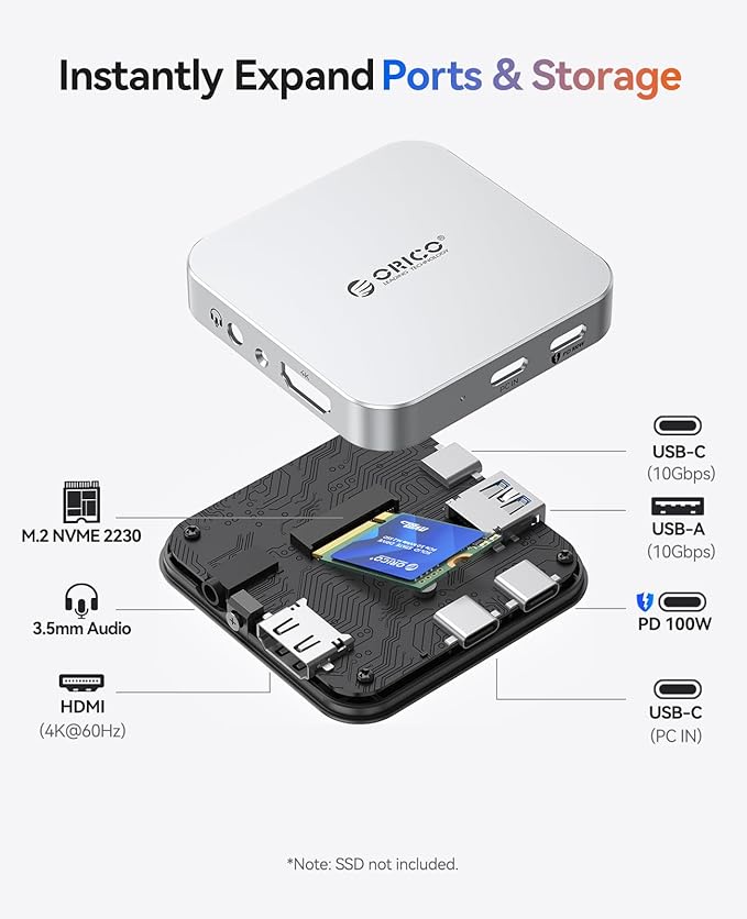 ORICO 10Gbps Magnetic M.2 Docking Station, 6-in-1 USB C HUB & M.2 2230 NVMe Enclosure with HDMI 4K@60Hz, USB-A&C 3.2, 100W PD, AUX, USBC Dock for iPhone 17/16/15 Pro/Pro Max
