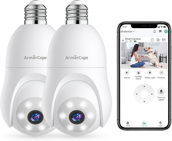 Armorcope 2K Light Bulb Security Camera, 360° Motion Tracking 2.4Ghz WiFi Camera Wireless Outside, Full-Color Night Vision Indoor/Outdoor Camera, SD&Cloud Storage, E27/E26 Light Socket Security