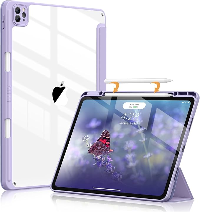 Soke Case for iPad Pro 12.9 Inch (6th/5th/4th/3rd Generation, 2022/2021/2020/2018) - Pencil Holder + Auto Sleep/Wake + Camera Protection, Transparent Shockproof Back Cover,Gray Purple