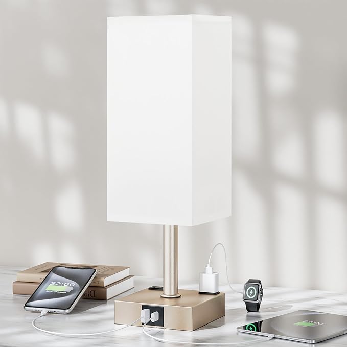 Antique White Touch Table Lamp - Mochaca Gold Bedside Lamp with USB A + Type C Charging Ports and two AC Outlets, Small Night Stand with E26 LED Bulb, Desk Light for Bedroom Living Room Office Dorm