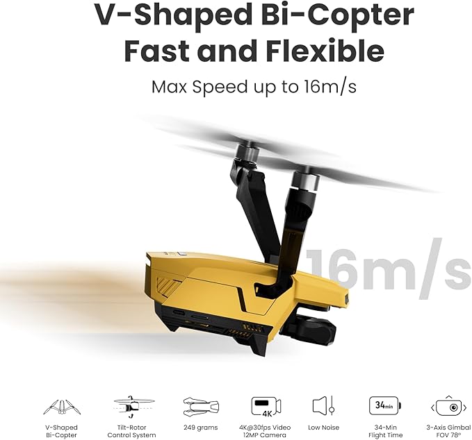 Drones with Camera for Adults 4K, VCOPTER Falcon Mini Bi-Copter Design, Inverted Flight Capability, Max Speed 16m/s, 10000 ft Video Transmission, 1 Battery for 34-Min Max Flight Time, 249g
