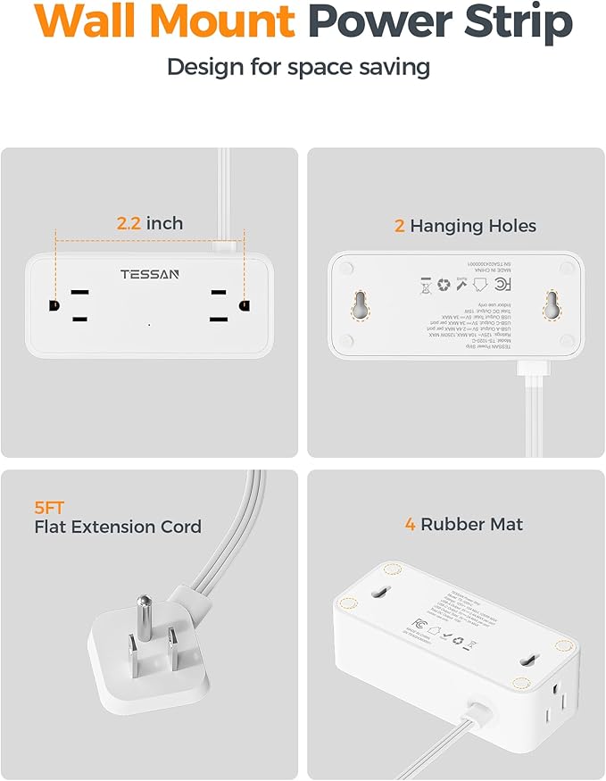 TESSAN Flat Plug Extension Cord 5 FT, Surge Protector Power Strip with 4 AC Outlets 1 USB C and 2 USB A Ports, 900 Joules Protection, Multiple Wall Outlet Extender Suitable for Office Dorm, White