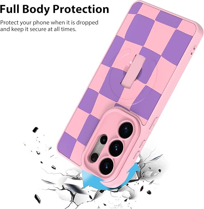 KANGHAR Compatible with Samsung Galaxy S26 Ultra Case, Support for MagSafe, Silicone Checkered Cute Pattern, Wristband Kickstand Camera Protection Soft Slim Cover for Girls Women -Pink