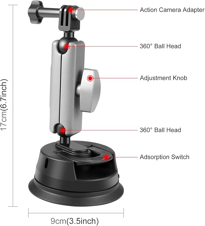 PULUZ Car Suction Cup Mount 360° Rotation Windshield & Window Camera Bracket for GoPro Hero 11 10 9 8 7 Insta360 X3 DJI Action Camera Accessories with Phone Holder with 1/4 Thread