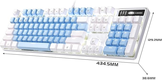 MageGee Mechanical Gaming Keyboard, 104 Keys White Backlit Mechanical Keyboards with Red Switches & Double-Shot Keycaps, Wired Ergonomic Computer Keyboard for Desktop, PC Gamers (White & Blue)