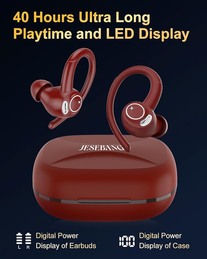 Jesebang Wireless Earbuds Bluetooth 5.4 Headphones Sport, 2025 Wireless Earphones with Earhooks, HiFi Stereo Deep Bass with ENC Mic, 40H Dual LED Display, IP7 Waterproof Ear Bud for Small Ear, Red