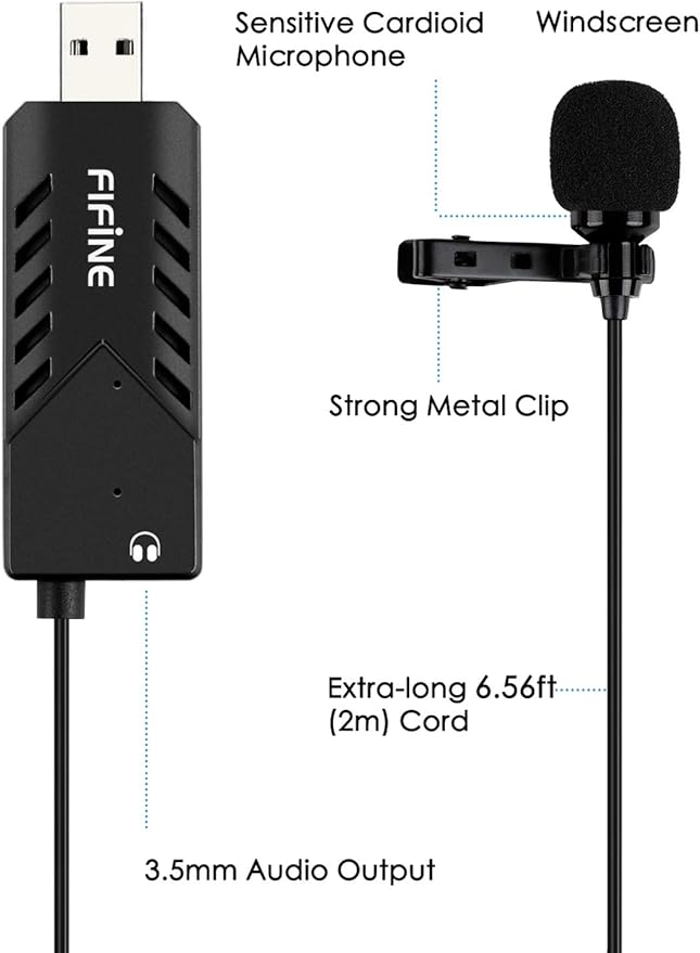 Fifine USB Lavalier Lapel Microphone, Clip-on Cardioid Condenser Computer Mic Plug and Play USB Microphone with Sound Card for PC and Mac-K053