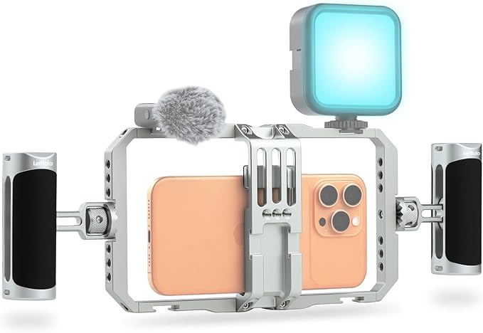Leftfoto Universal Aluminum Phone Stabilizer Cage Smartphone Video Rig with Dual Handles for iPhone 17 Promax1615 Mini Pro Max 8 Plus for Samsung for Huawei Mate,for Vlogging/Video Shooting
