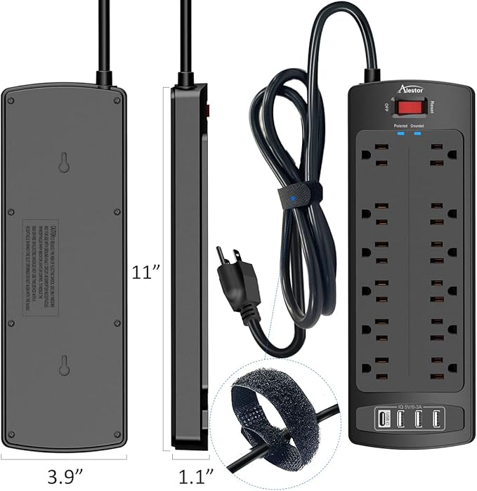 Power Strip, ALESTOR Surge Protector with 12 Outlets and 4 USB Ports(1 USB C Port), 15 Feet Extension Cord (1875W/15A), 2700 Joules, ETL Listed, Black