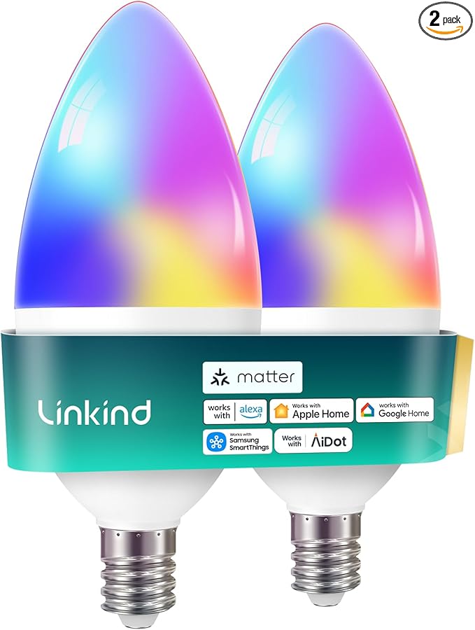 Linkind Matter Smart Bulbs, E12 Led Bulb Works with Alexa/Apple Home/Google Home, Smart Light Bulbs, WiFi Candelabra B11 Bulbs, RGBTW Color Changing Light Bulb, 2.4Ghz WiFi Bulb, 470 LM 2 Pack