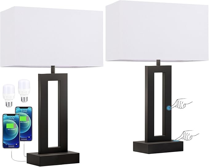 Nightstand Table Lamps for Bedrooms Set of 2 - Touch Bedside Lamp with USB C+A, 3 Way Dimmable Living Room Lamps for End Tables Set of 2, Modern Night Stand Lamps for Bed Side Guest Room(White)