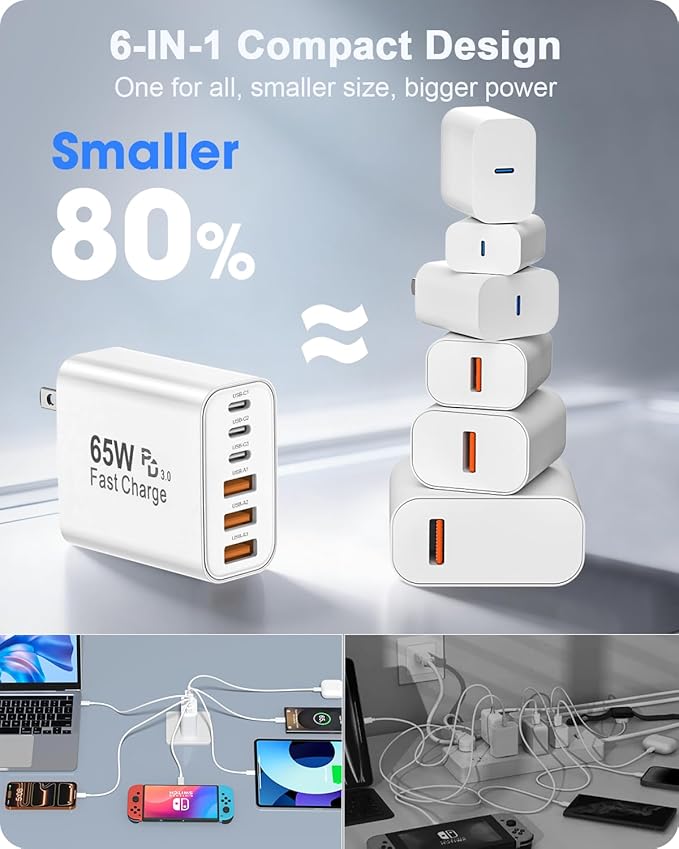 FEEL2NICE 2-Pack 65W USB C Charger Block, 6-Port Fast Wall Charger [3 PD USB-C & 3 QC 3.0 USB-A], Compact Adapter for iPhone 17 16 15 14 13 12 11 X 8,Pro,Max,iPad, iPod,Galaxy, Google & More