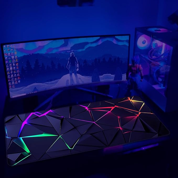 Blacklight Geometric Gaming Mouse Pad – UV Reactive Large Extended Glow in the Dark Waterproof Desk Mat with Non-Slip Rubber Base for Gamers, Office & Home - 31.5" x 11.8"