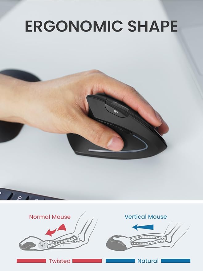Perixx PERIMICE-713LRX - Left Handed Cordless Rechargeable Vertical Mouse - Duo Wired and Wireless Charging Feature - Included Wireless Charger - Left Handed