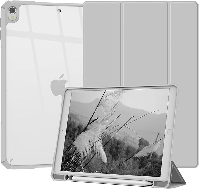 Case Compatible with iPad Air 3rd Generation, iPad Pro 10.5 inch 2017 Case with Pencil Holder, Stand Clear Back Cover for Air 3rd Gen 10.5" 2019, Auto Sleep/Wake, Grey White