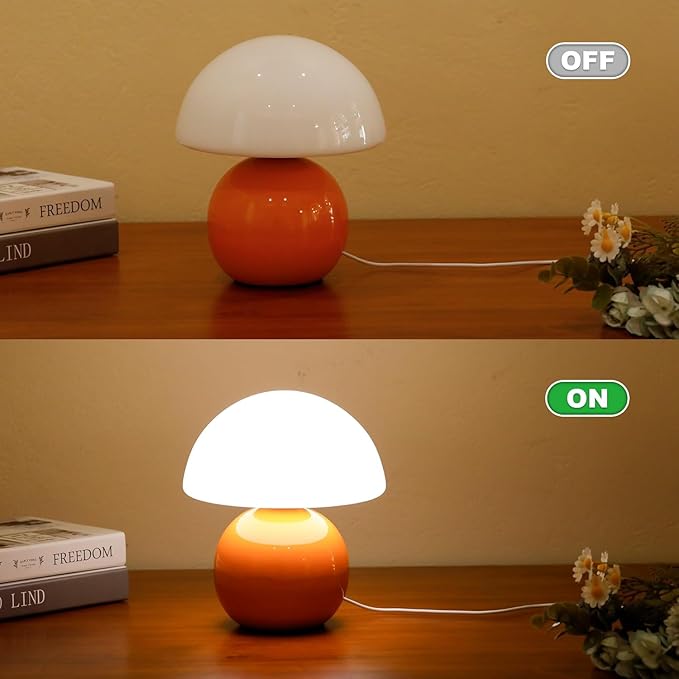 Remote Control Mushroom Lamp with Timer – 3-Color Dimmable Bedside Light, Ceramic Base & Glass Shade, Modern Decorative Night Lamp for Bedroom, Living Room, and Home Office (Sunset Orange)