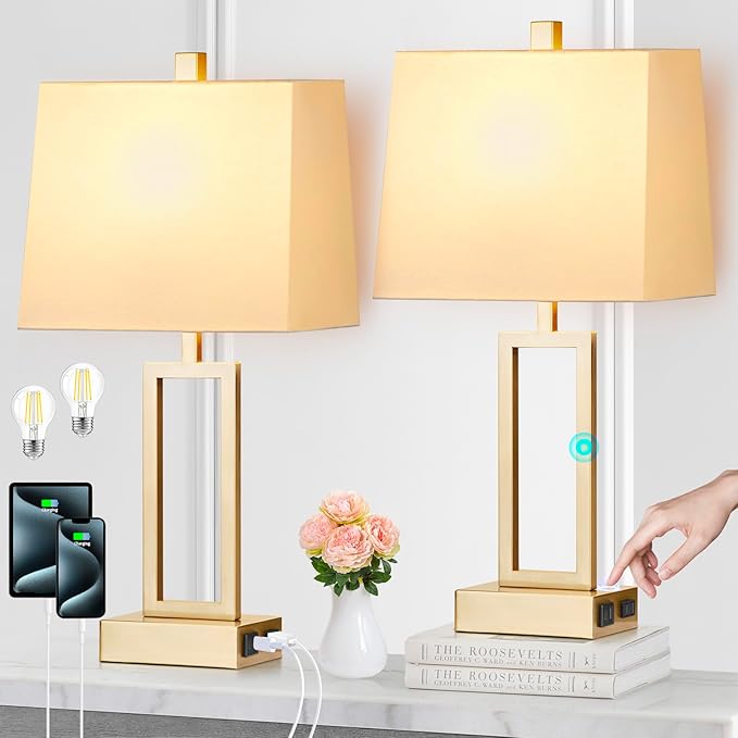 Rinweey 23.5" Touch Control Table Lamps Set of 2, Modern Gold Bedside Lamps with USB A+C Ports & AC Outlet, 3 Way Dimmable Contemporary Nightstand Lamps for Bedroom Living Room(2 LED Bulb Included)
