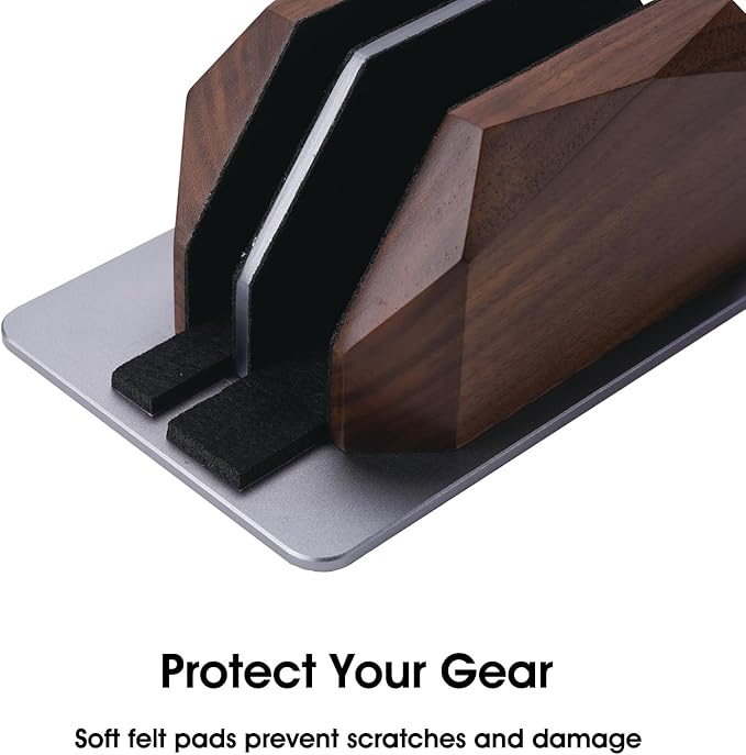 Vertical Laptop Stand for Desk, Dual Slot Wood Laptop Holder to Dock MacBook, MacBook Pro and & Gaming Laptops, Solid Black Walnut, Geometric Sculpted Craftsmanship
