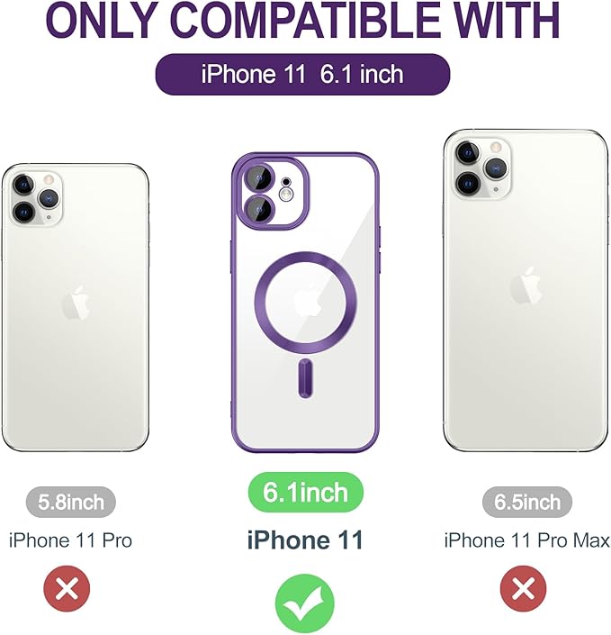 Hython Magnetic Clear for iPhone 11 Case with Camera Lens Protector [Compatible with MagSafe] Luxury Plating Edge Slim Soft TPU Cover Protective Phone Case for iPhone 11 6.1", Matte Purple