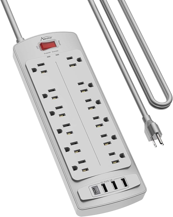 Power Strip, ALESTOR Surge Protector with 12 Outlets and 4 USB Ports, 10 Feet Extension Cord (1875W/15A), 2700 Joules, ETL Listed, Grey