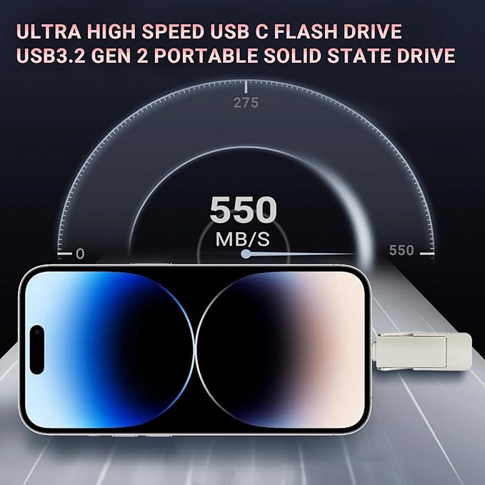 128GB USB Drive,Portable SSD Fast 550MB/s 2 in 1 Flash Drive,Type C+A USB3.2 Gen2 External Solid State Drive,SSD External Hard Drive for iPhone 15/16/17/Android Phone/PS5/Tablet/Windows