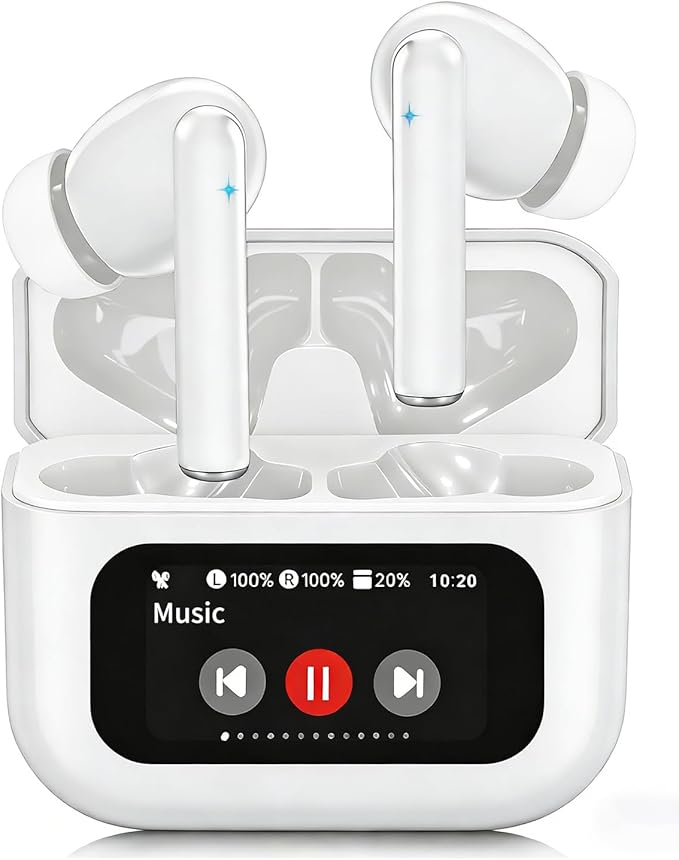 Bluetooth Earbuds with LED Touchsceen, IPX7 Waterproof Wireless Earphones, Hi-Fi Stereo & 68H Playtime, ANC ENC Noise Cancelling, for Work/Running/Trave (White)