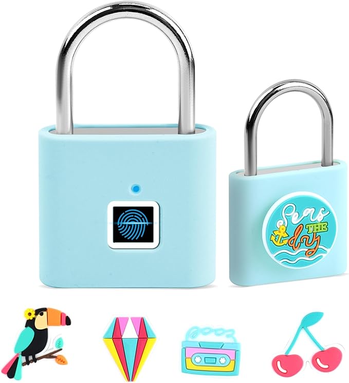 UMIKSMART Fingerprint Padlock with Silicone Protective Cover & Charm, Smart Keyless Padlock for School Locker, Gym Locker, Backpack and Travel Bag, Gift for Kids, Teens and Friends, Fun Blue Set